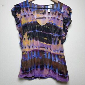 Sine Women 100% SILK Top 0 Abstract Artsy Ruffle Sleeve V-Neck Purple Blue